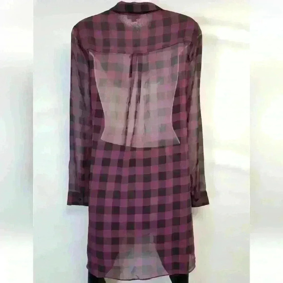 Women's Storee Black and Wine Checkered Sheer LS Long Tail Blouse Sz M - Picture 2 of 8